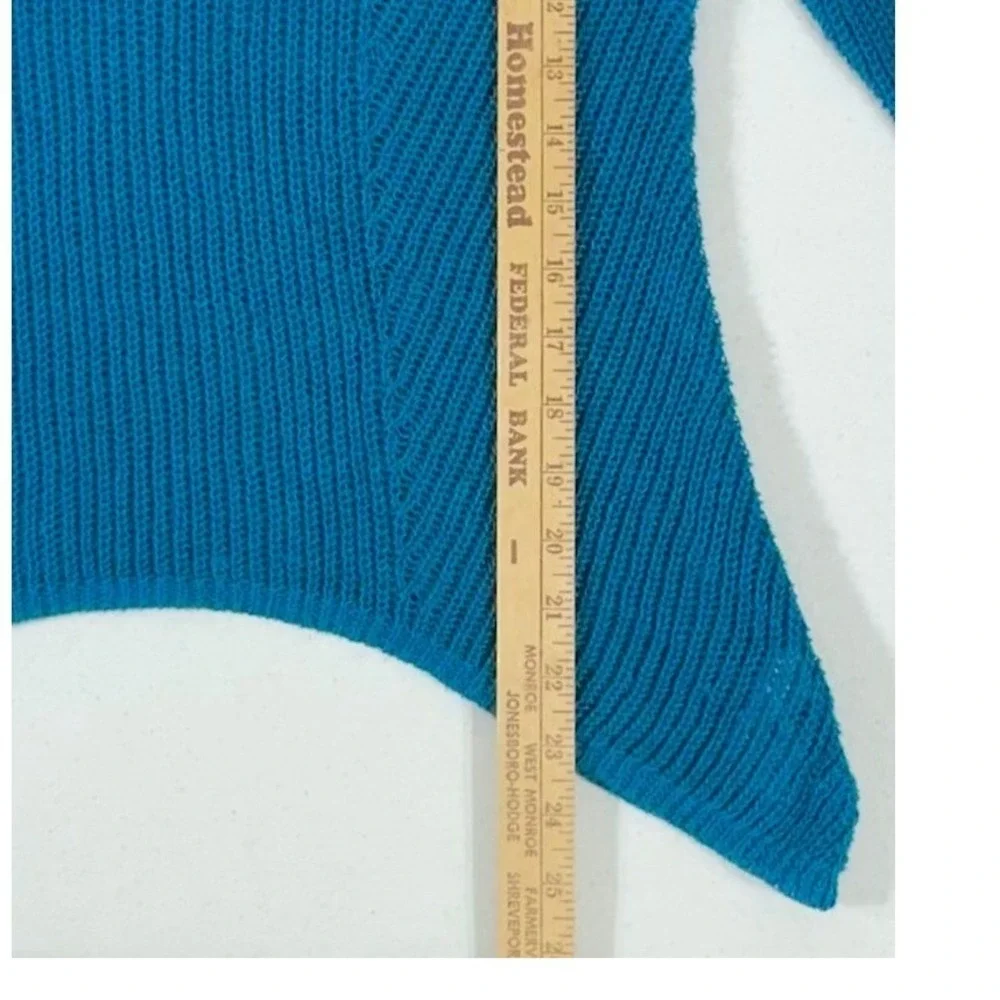 Eileen‎ Fisher Sweater Teal Organic Linen Open Knit Asymmetric Hem 3/4 Sleeve